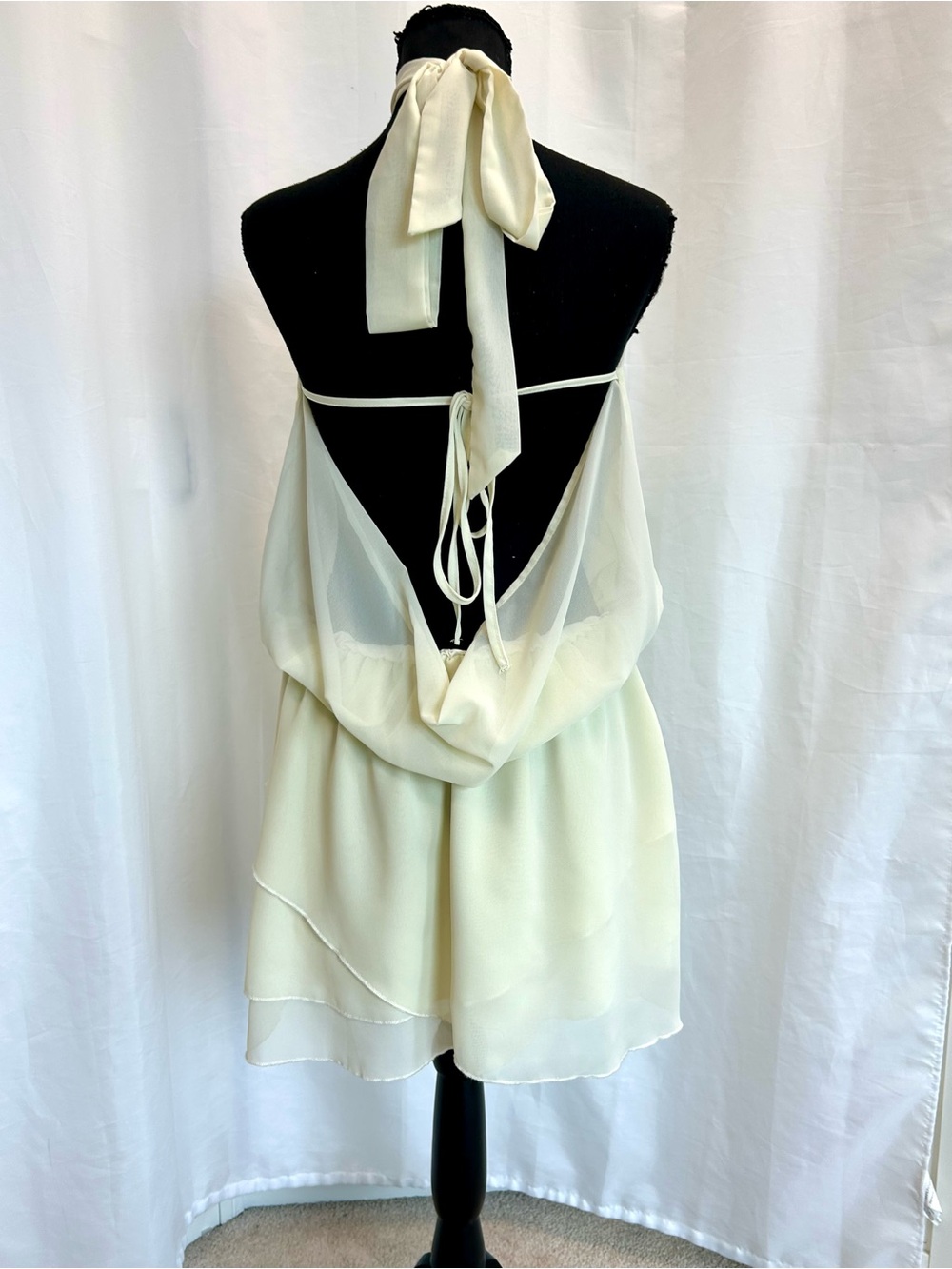 Ivory Halter Mini Dress Open Back Layered Chiffon Size Large - Picture 8 of 15